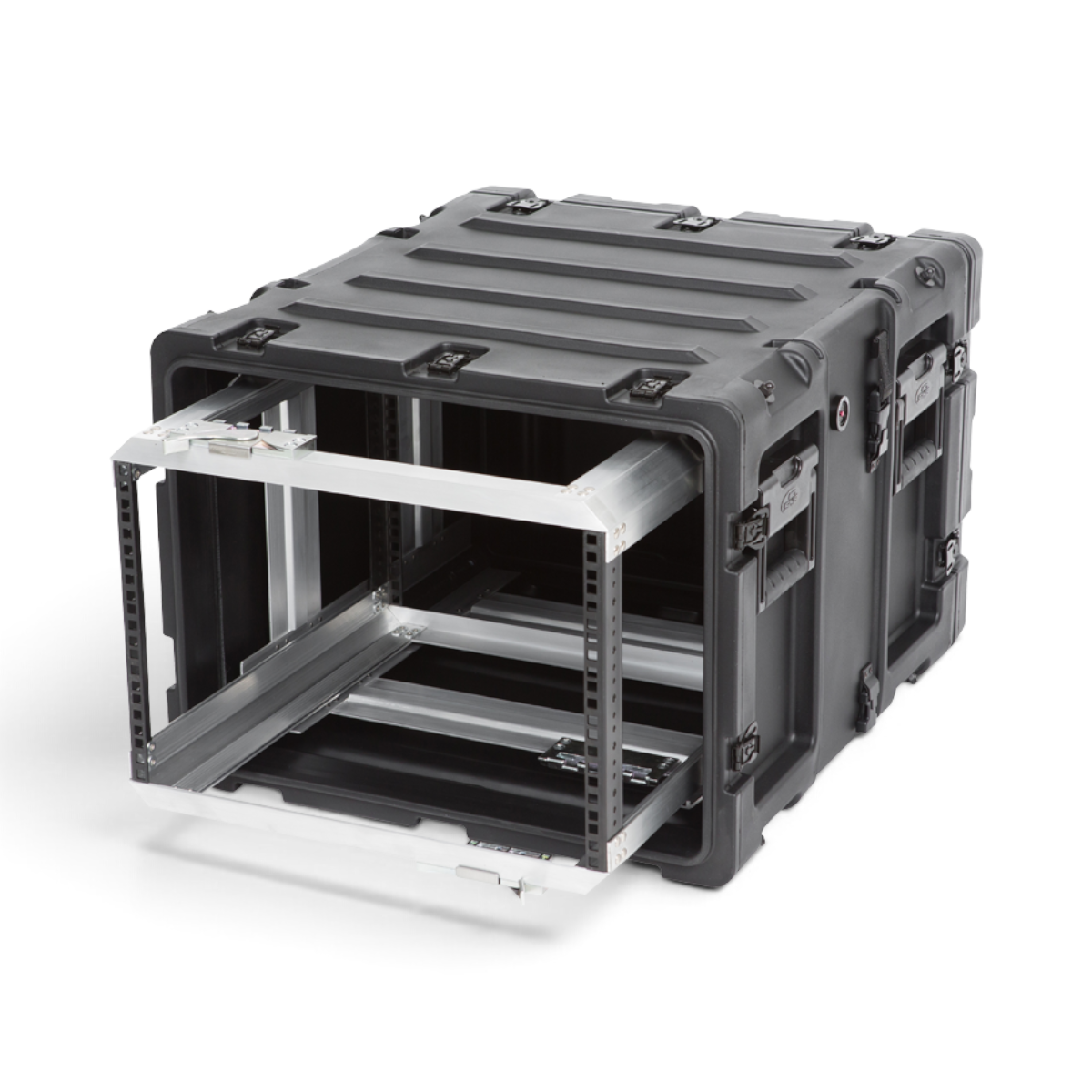 SKB Cases 7U 20-inch deep shock rack with a removable interior frame and black roto-molded protective shell.