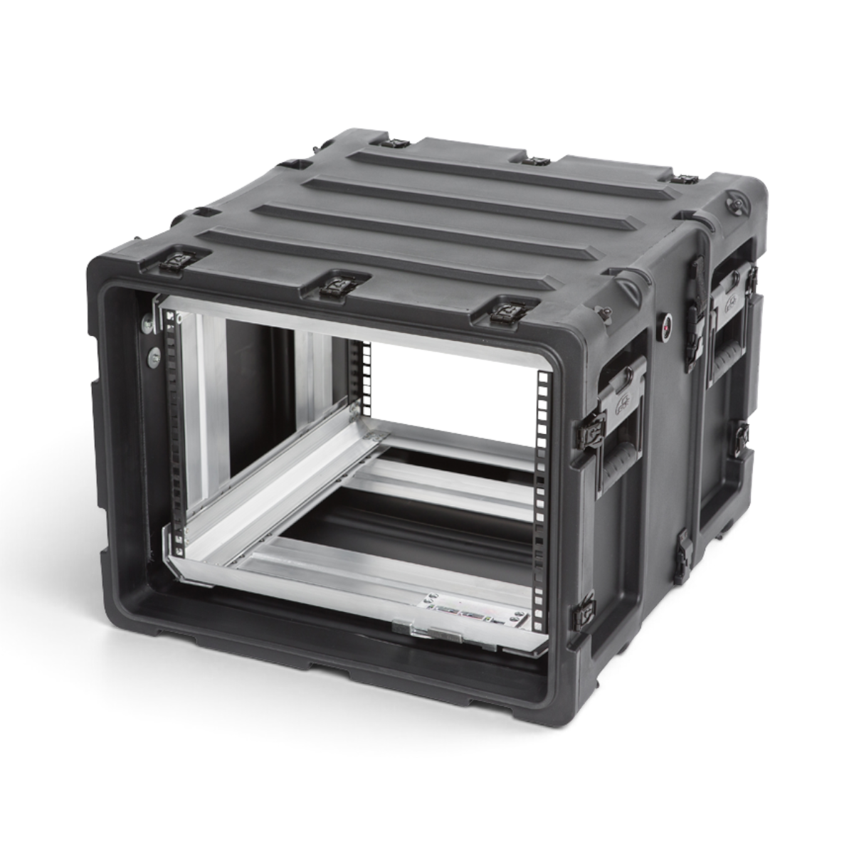 SKB Cases 7U 20-inch deep shock rack in black with a removable internal frame and rugged, stackable exterior design.