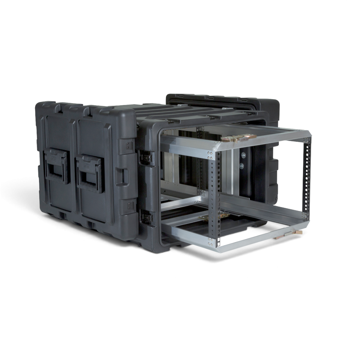SKB Cases 7U 24-inch deep shock rack in black with a removable interior frame extended for equipment access.