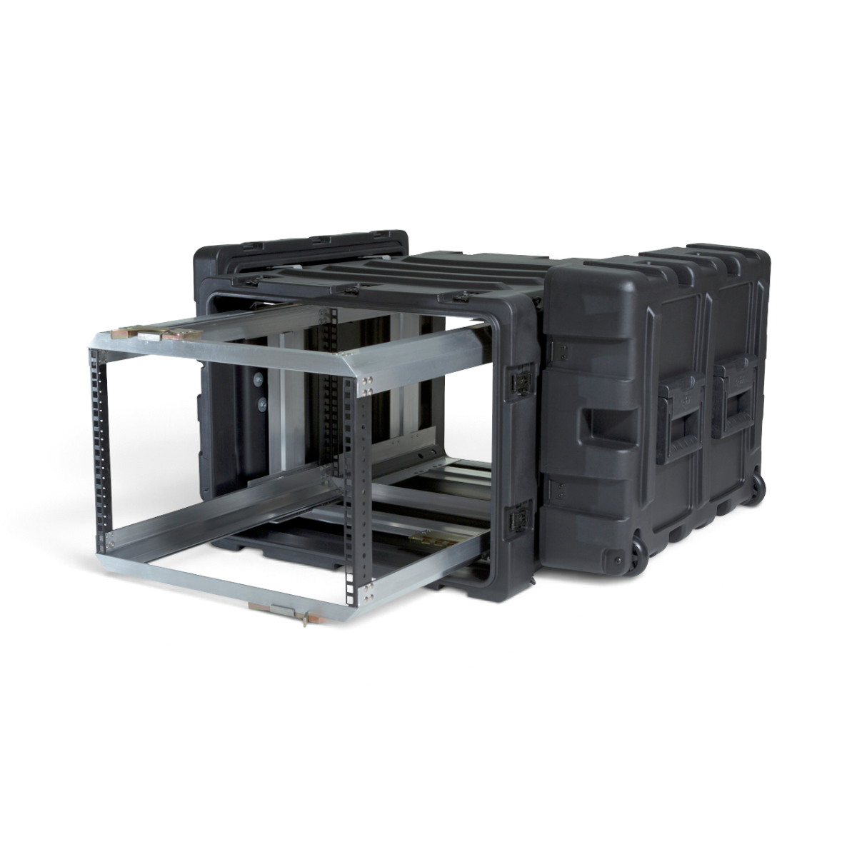 SKB Cases 7U 24-inch deep shock rack with a black roto-molded shell and a removable internal equipment frame.