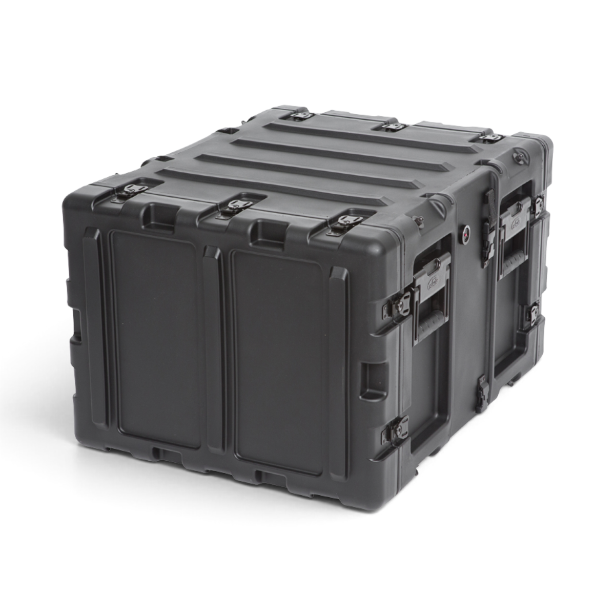 SKB Cases 7U 20-inch deep black shock rack transport case with rugged roto-molded shell and recessed hardware.