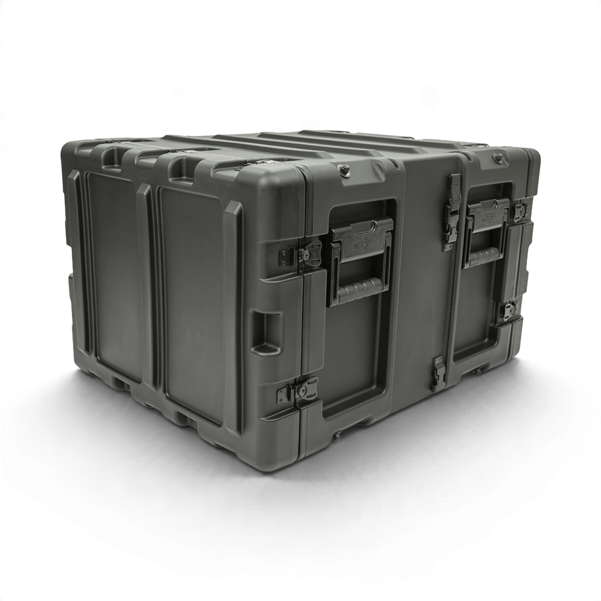 SKB Cases 7U 20-inch deep black shock rack transport case with rugged roto-molded shell and recessed hardware.