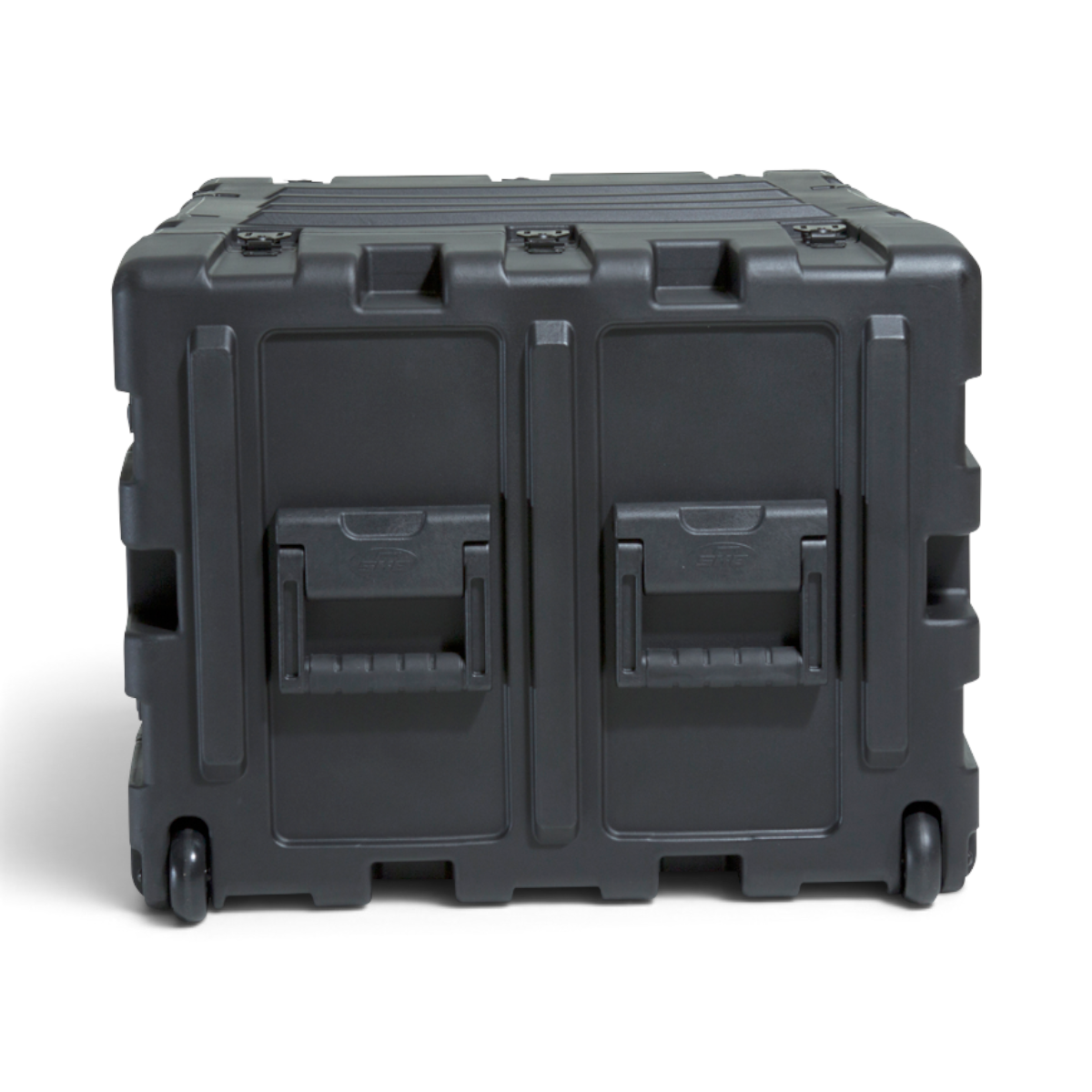 SKB Cases 7U 24-inch deep black shock rack transport case with recessed handles and integrated transport wheels.
