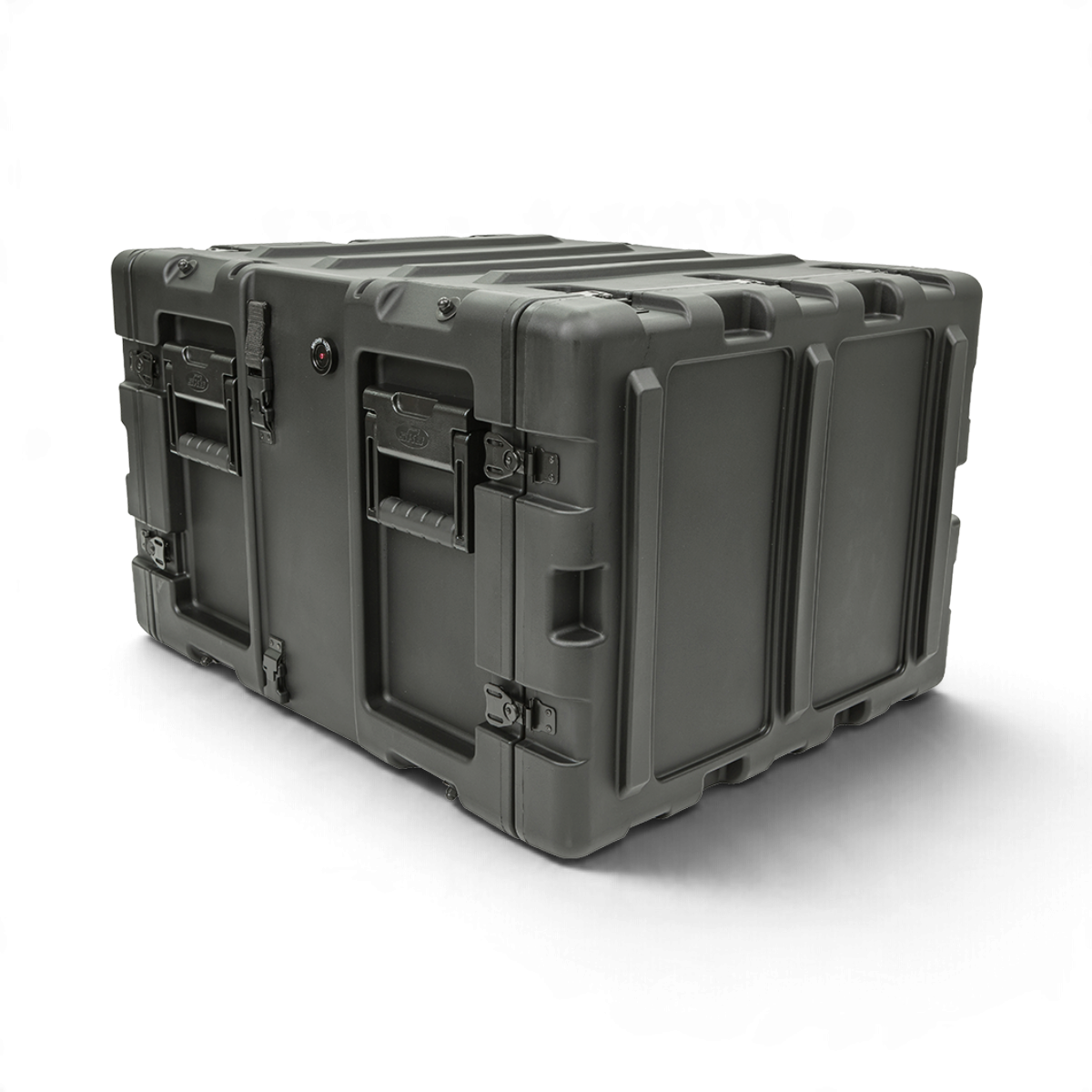 SKB Cases 7U 20-inch deep black shock rack transport case with rugged roto-molded shell and recessed hardware.