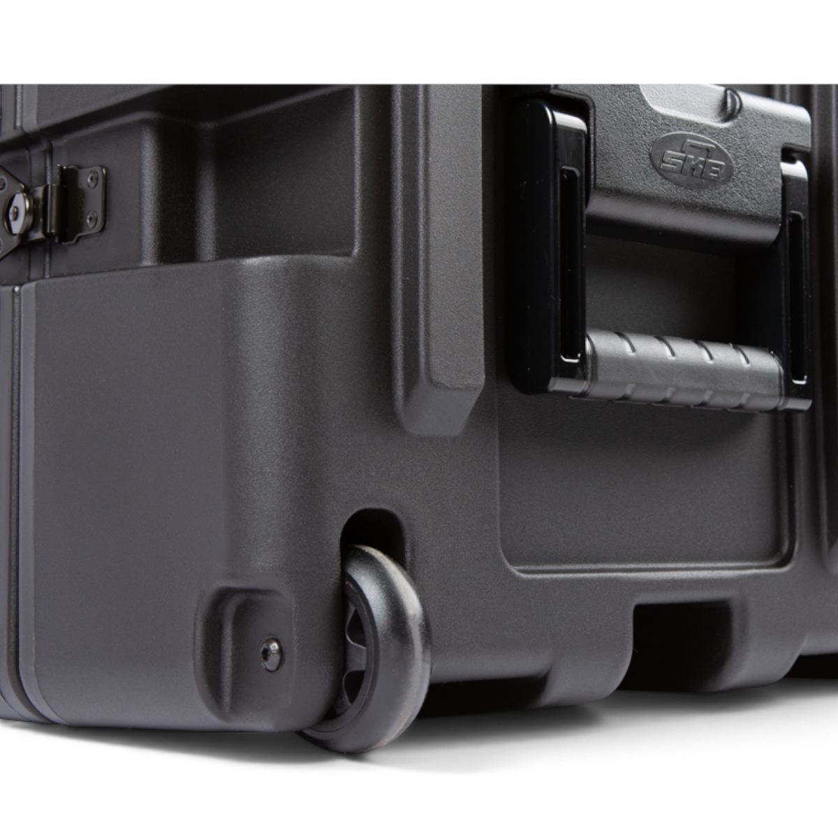 SKB Cases 7U 24-inch deep shock rack transport case in black featuring a durable roto-molded shell and edge casters.