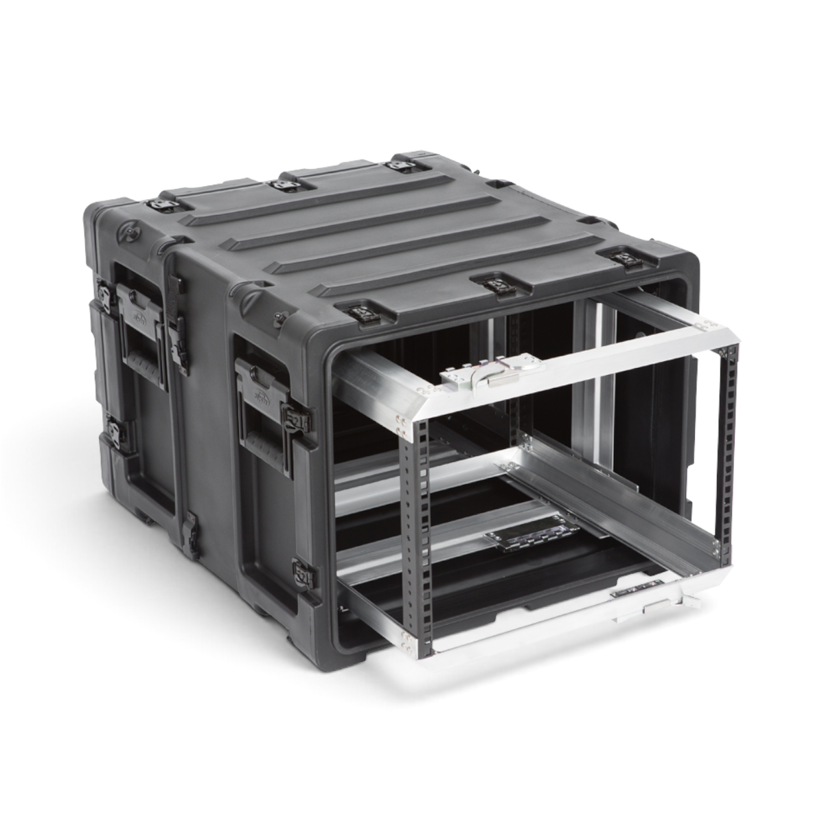 SKB Cases 7U 20-inch deep shock rack with a black roto-molded shell and a removable internal equipment frame.