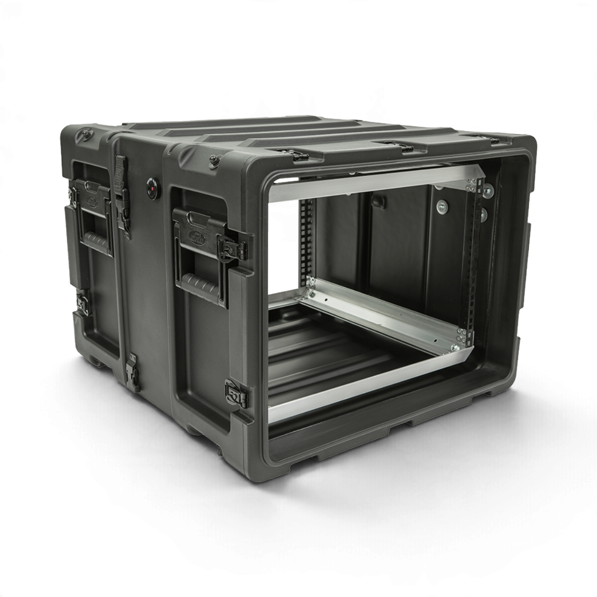 SKB Cases 7U 20-inch deep shock rack in black with internal aluminum chassis and recessed hardware.