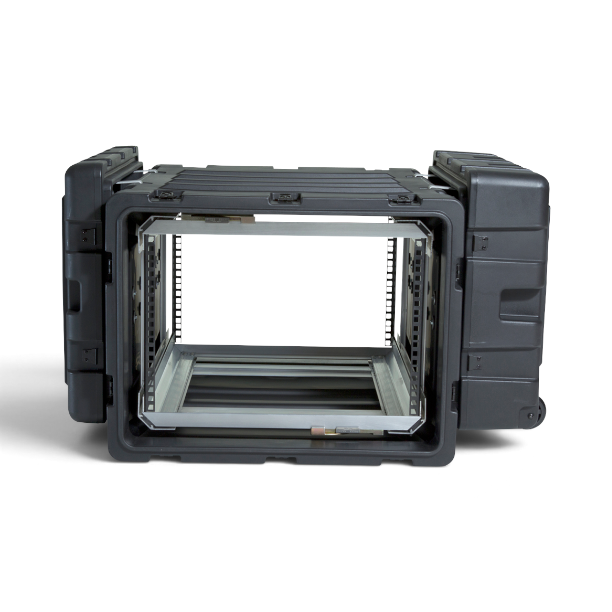 SKB Cases 7U 24-inch deep shock rack with a removable interior frame and rugged black roto-molded shell.
