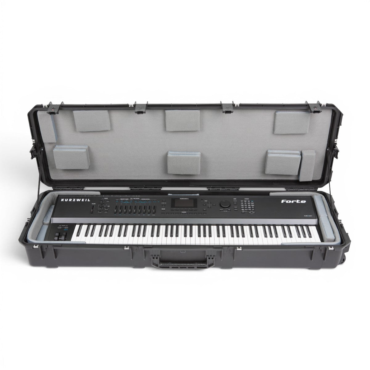 SKB Cases iSeries 88-note keyboard case in black with a Kurzweil Forte 88 keyboard secured inside by foam pads.