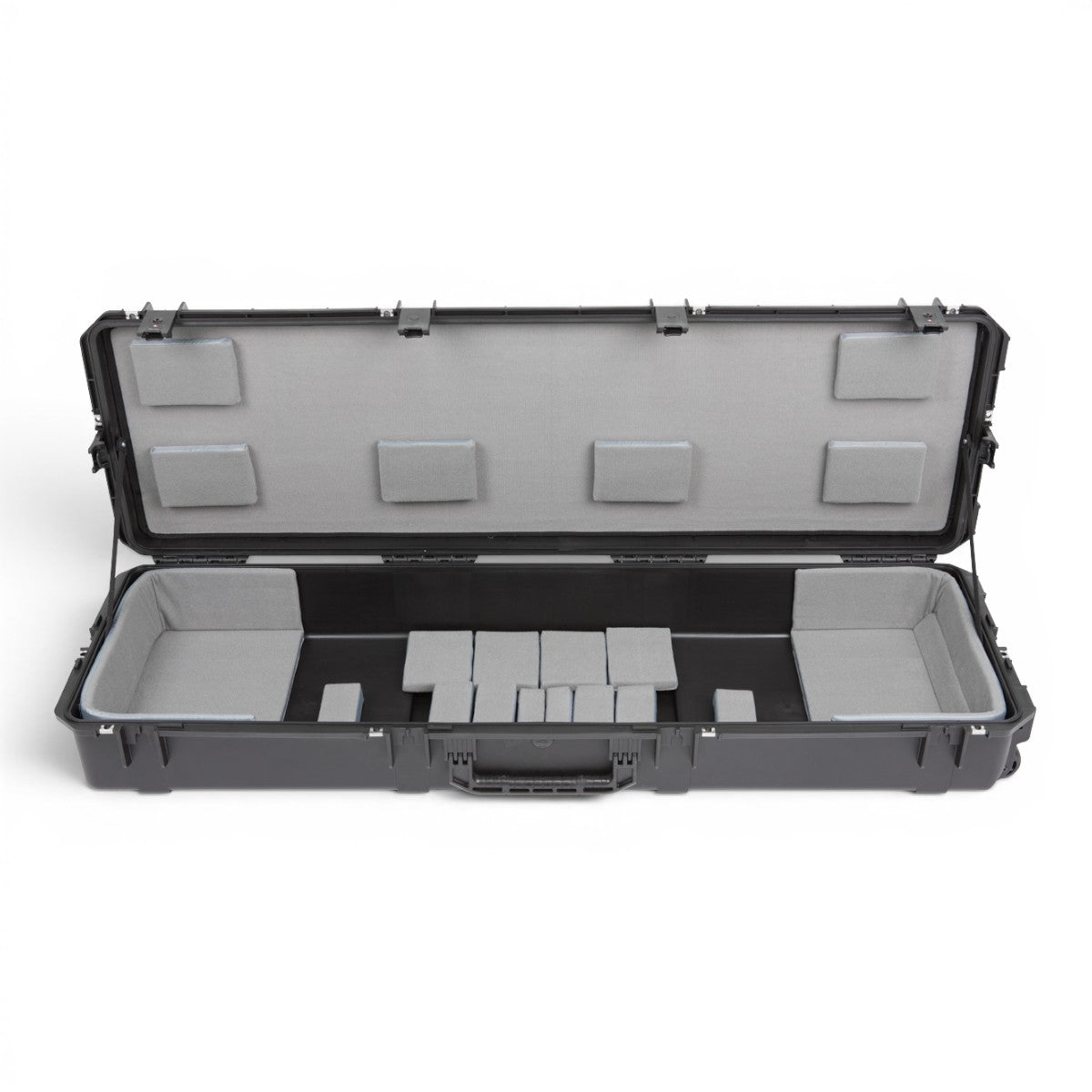 SKB Cases iSeries 88-note keyboard case with black waterproof exterior and customizable grey foam interior padding.