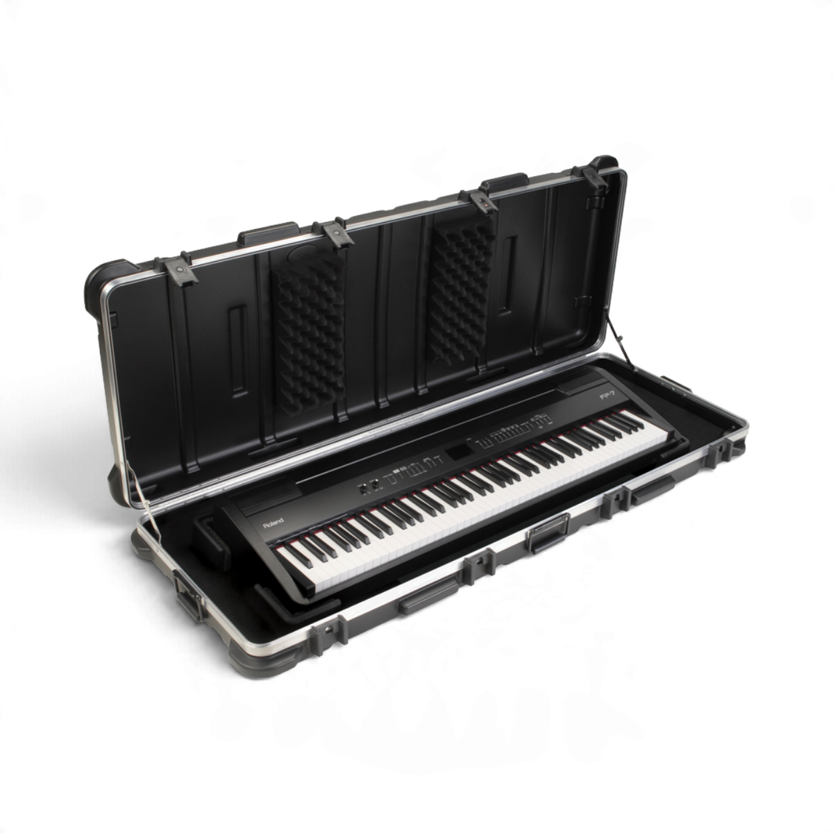 SKB Cases 88-note keyboard hard case with foam interior and TSA-approved locking latches holding a digital piano.