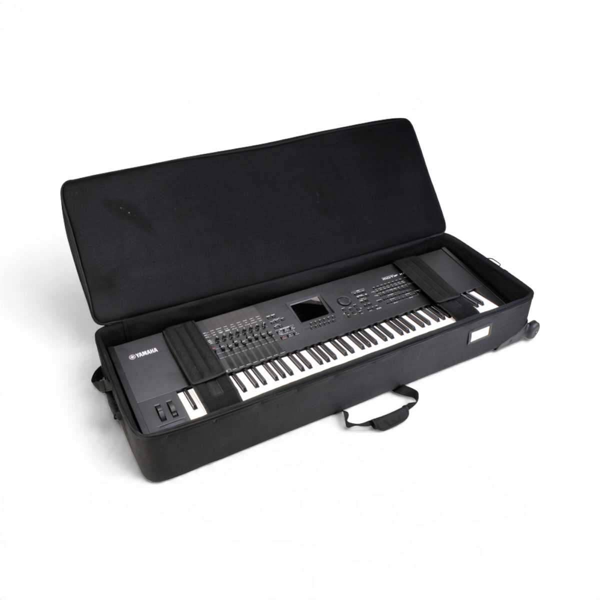 SKB Cases 88-note keyboard soft case with wheels, padded interior, and accessory pouches in black nylon.