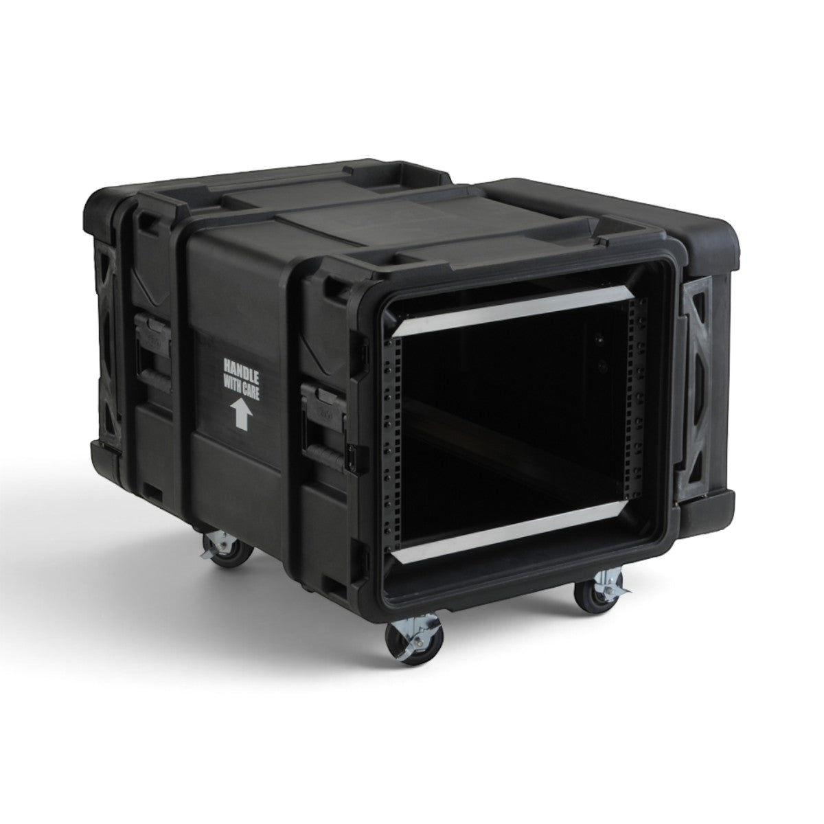 SKB Cases 8U 28-inch deep rSeries shock rack in black with removable casters and internal aluminum mounting rails.