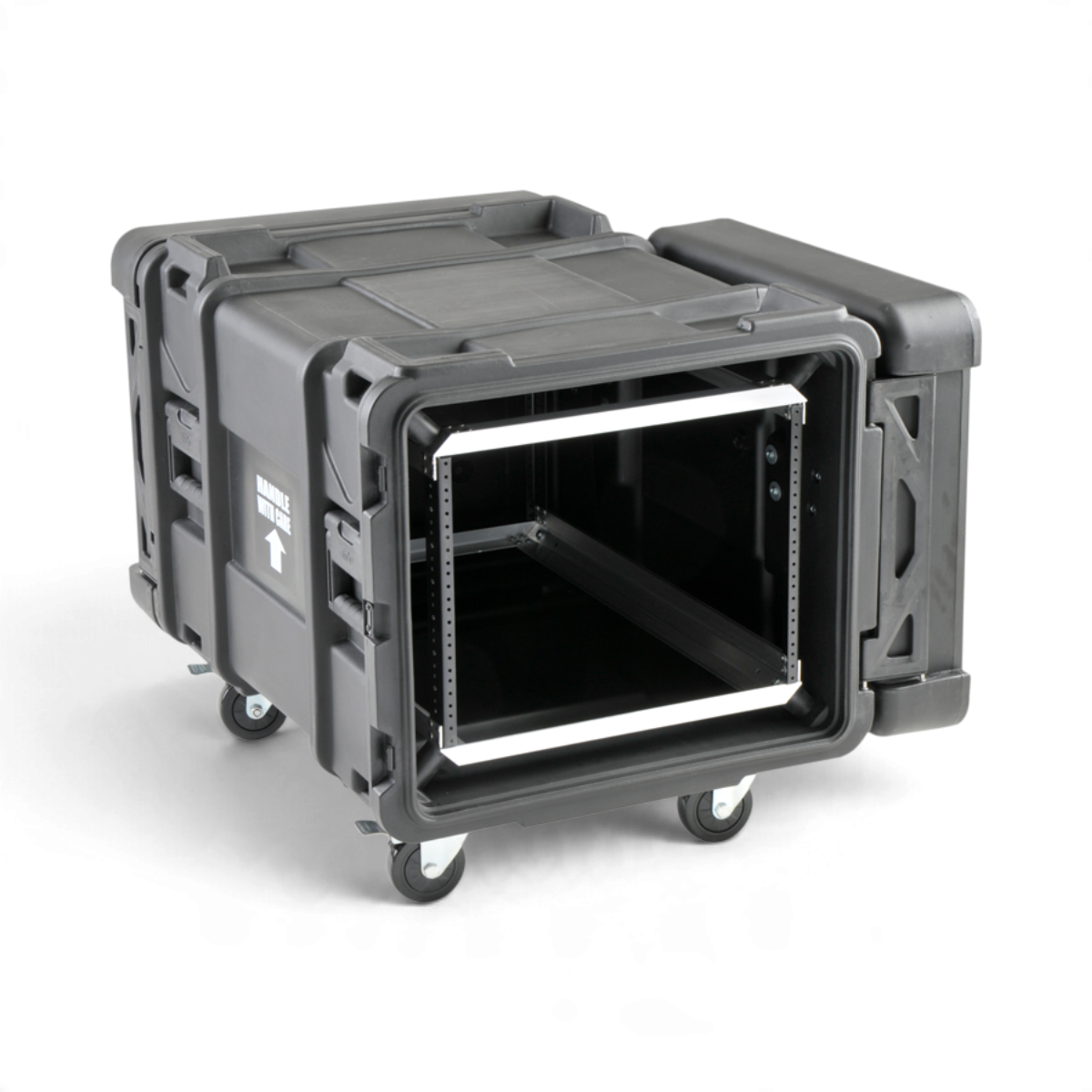 SKB Cases 8U 30-inch deep rSeries shock rack in black with removable casters and open front lid