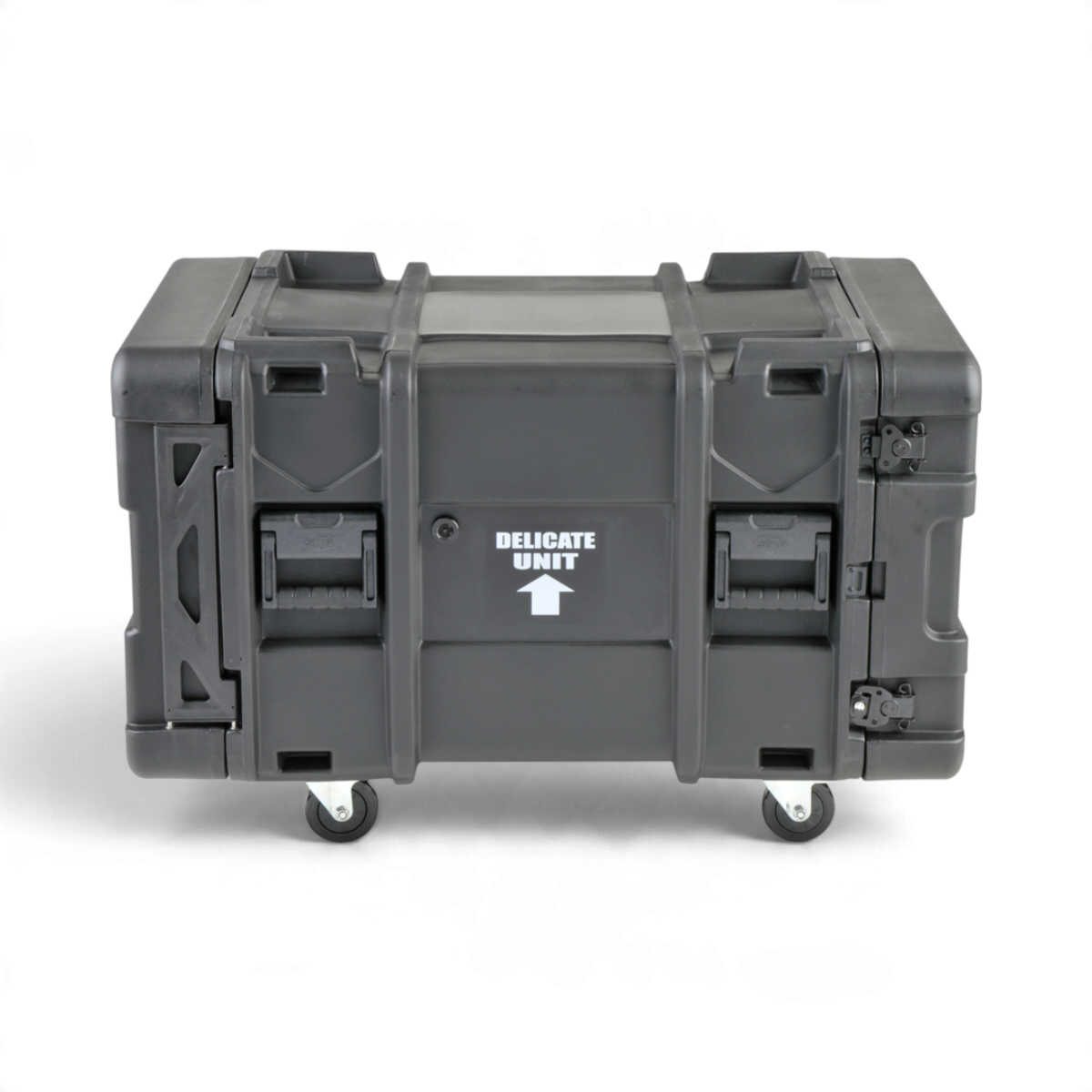 SKB Cases 8U 30-inch deep rSeries shock rack in black with heavy-duty latches, casters, and delicate unit label.