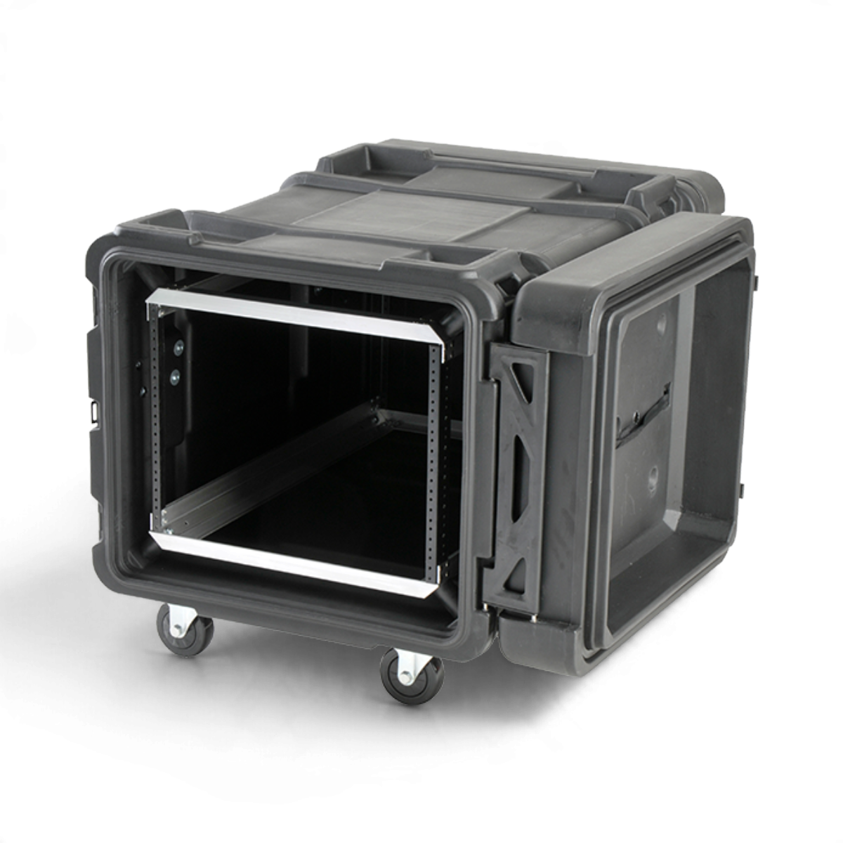 SKB Cases 8U 30-inch deep roto shock rack with black durable exterior, internal aluminum frame, and removable casters.