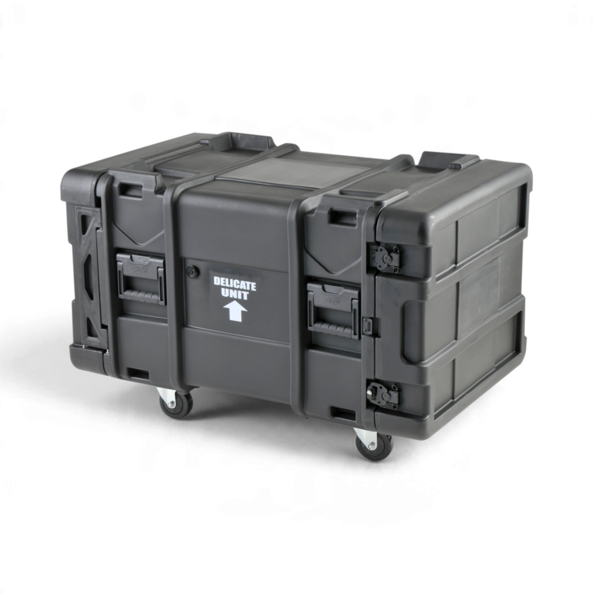 SKB Cases 8U 30-inch deep roto shock rack in black with removable casters and delicate unit warning label