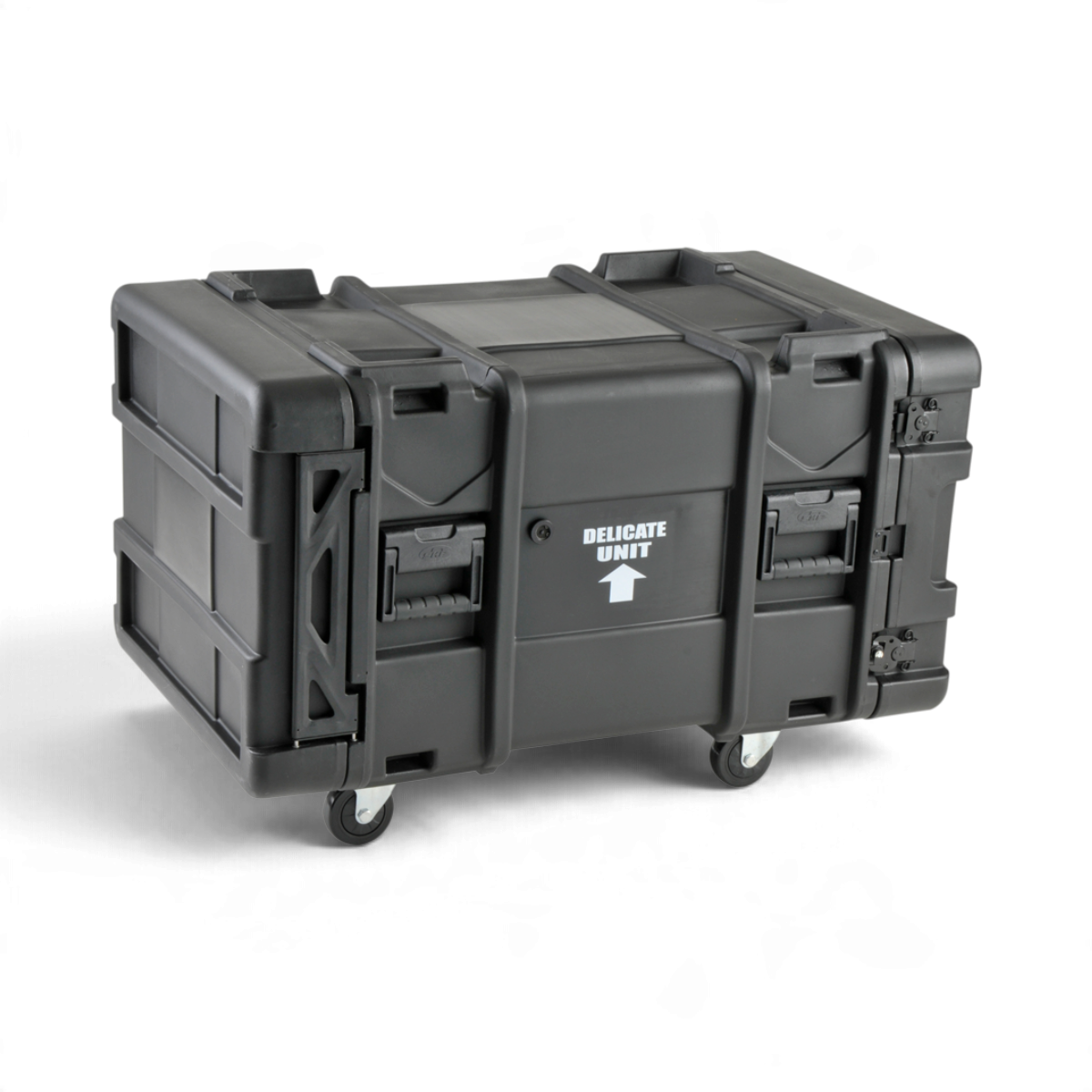 SKB Cases 8U 30-inch deep roto shock rack in black with removable casters and delicate unit warning label