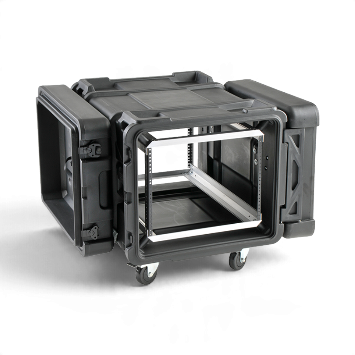 SKB Cases 8U 30-inch deep rSeries shock rack with open lids and internal aluminum chassis on removable casters.