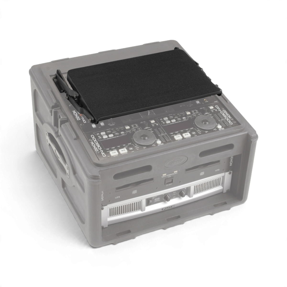 SKB Cases 8U retractable audio video shelf mounted on a rack case with equipment, featuring a black flat surface.
