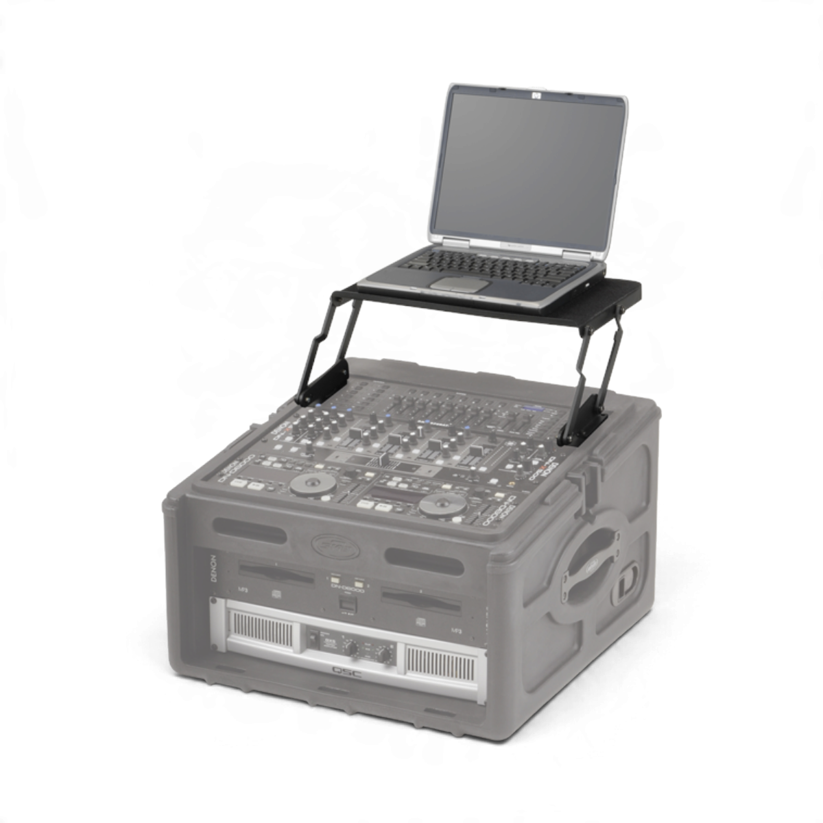 SKB Cases 8U retractable AV shelf mounted on a rack case with a laptop on top for audio video equipment