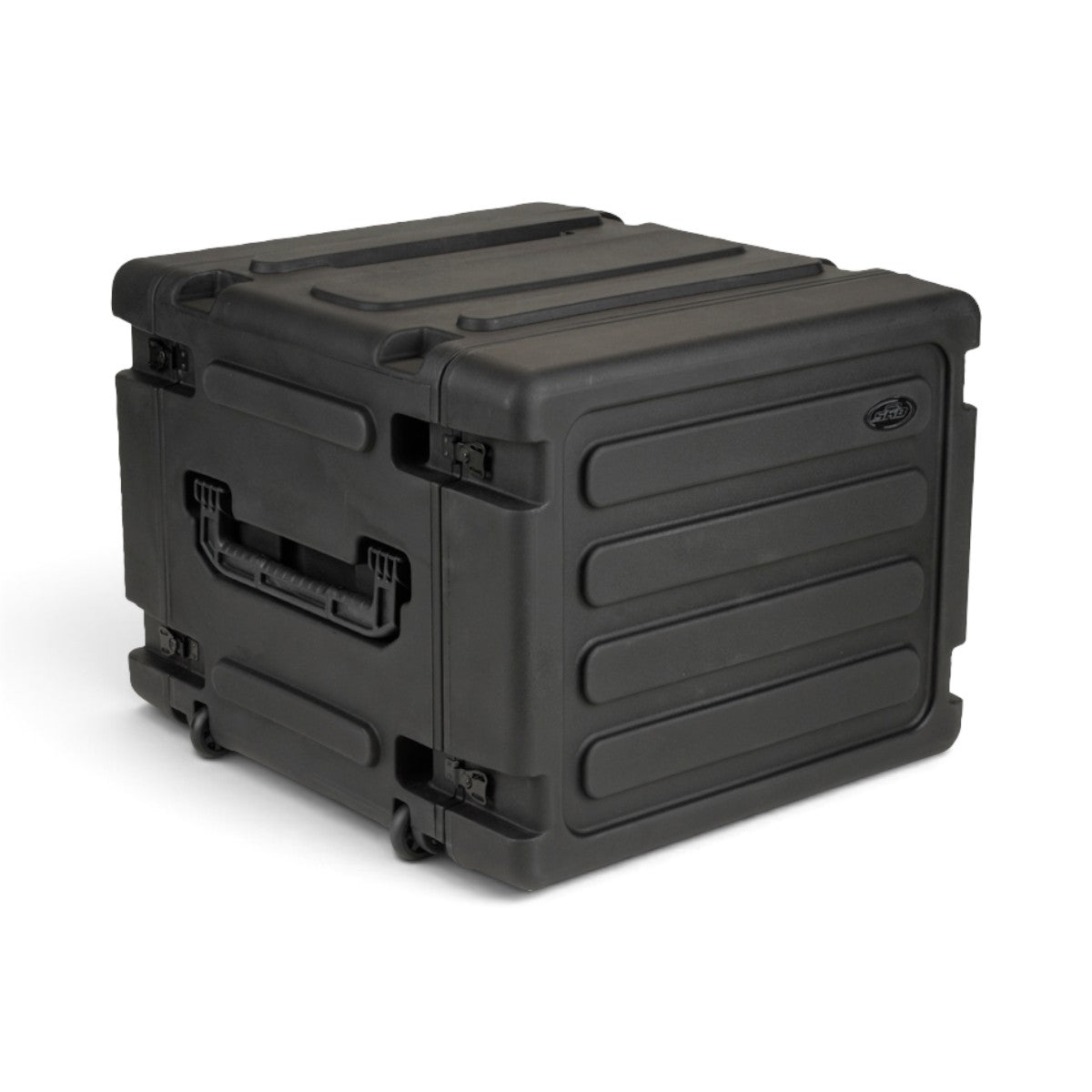 SKB Cases 8U 20-inch deep rolling shock rack in black with injection-molded design, pull handle, and locking latches.