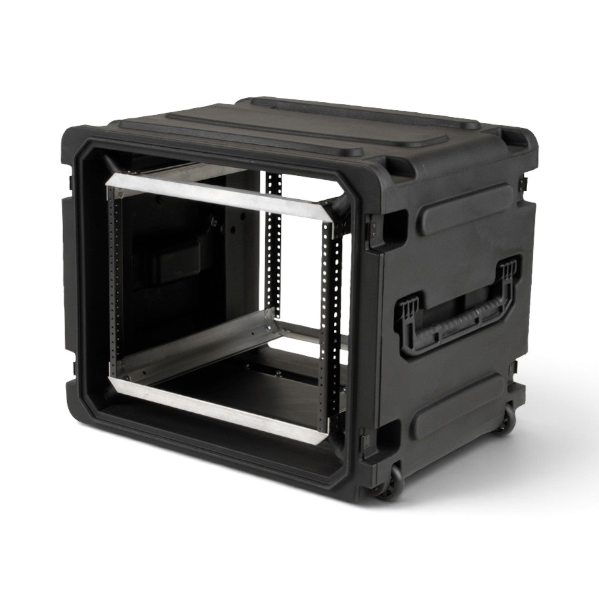 SKB Cases 8U 20-inch deep rolling shock rack in black with injection molded design and secure stacking features