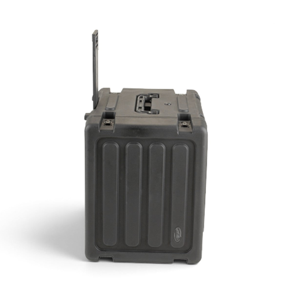 SKB Cases 8U 20-inch deep rolling shock rack in black with a pull handle and stackable molded design
