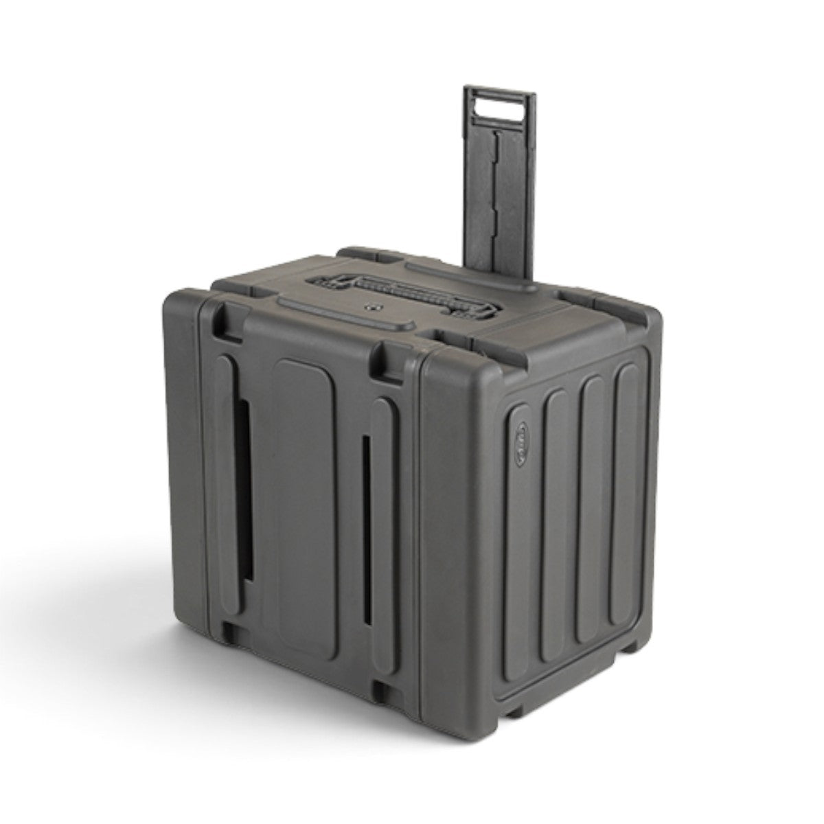 SKB Cases 8U 20-inch deep rolling shock rack in black with a pull handle and stackable molded design.