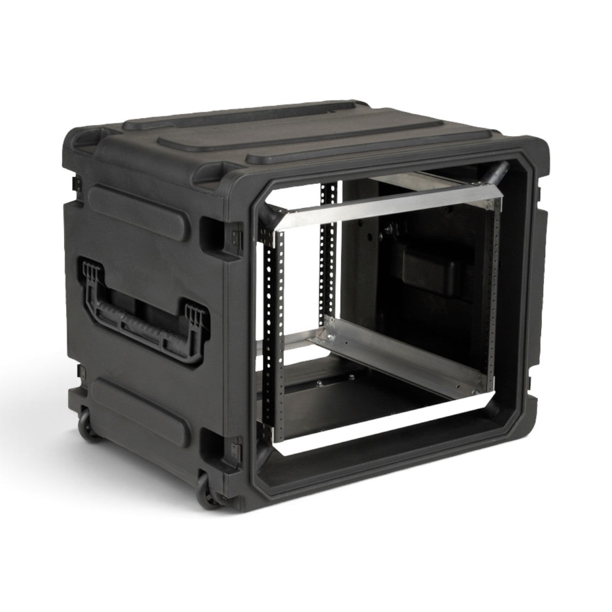 SKB Cases 8U 20-inch deep rolling shock rack in black with heavy-duty molded exterior and integrated pull handle.