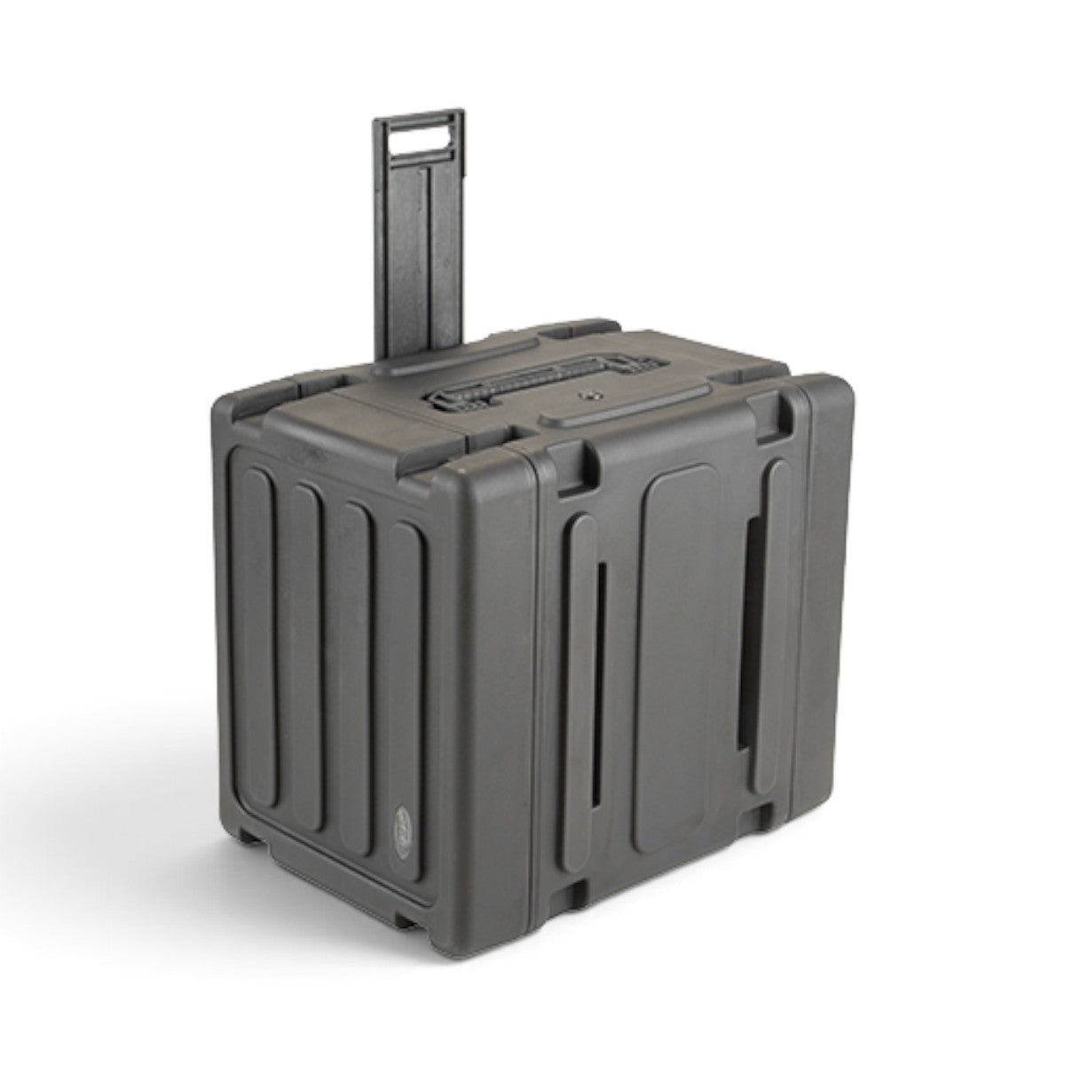 SKB Cases 8U 20-inch deep rolling shock rack in black with an extended pull handle and stackable molded design.