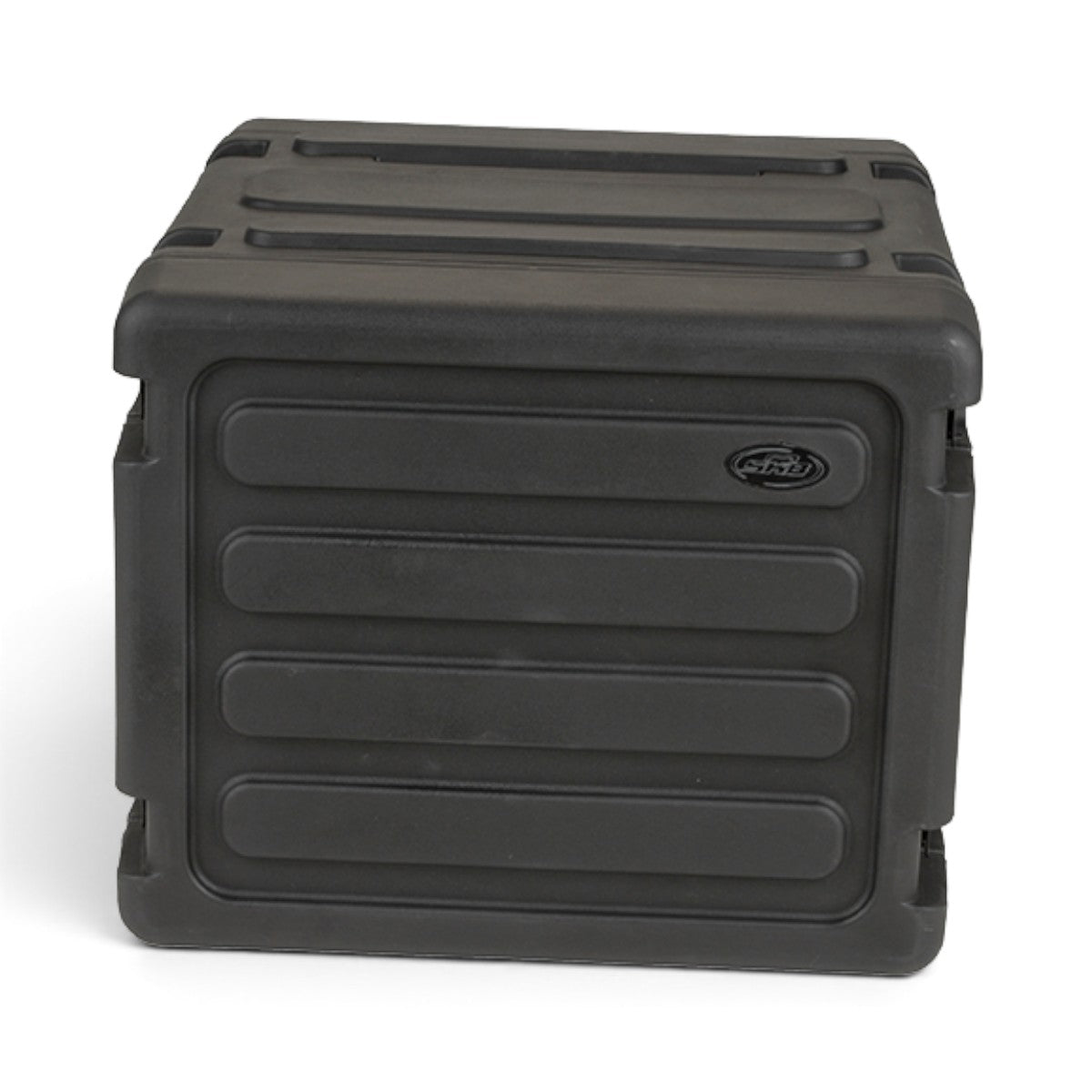 SKB Cases 8U 20-inch deep rolling shock rack in black with a durable molded design and stackable lid features.