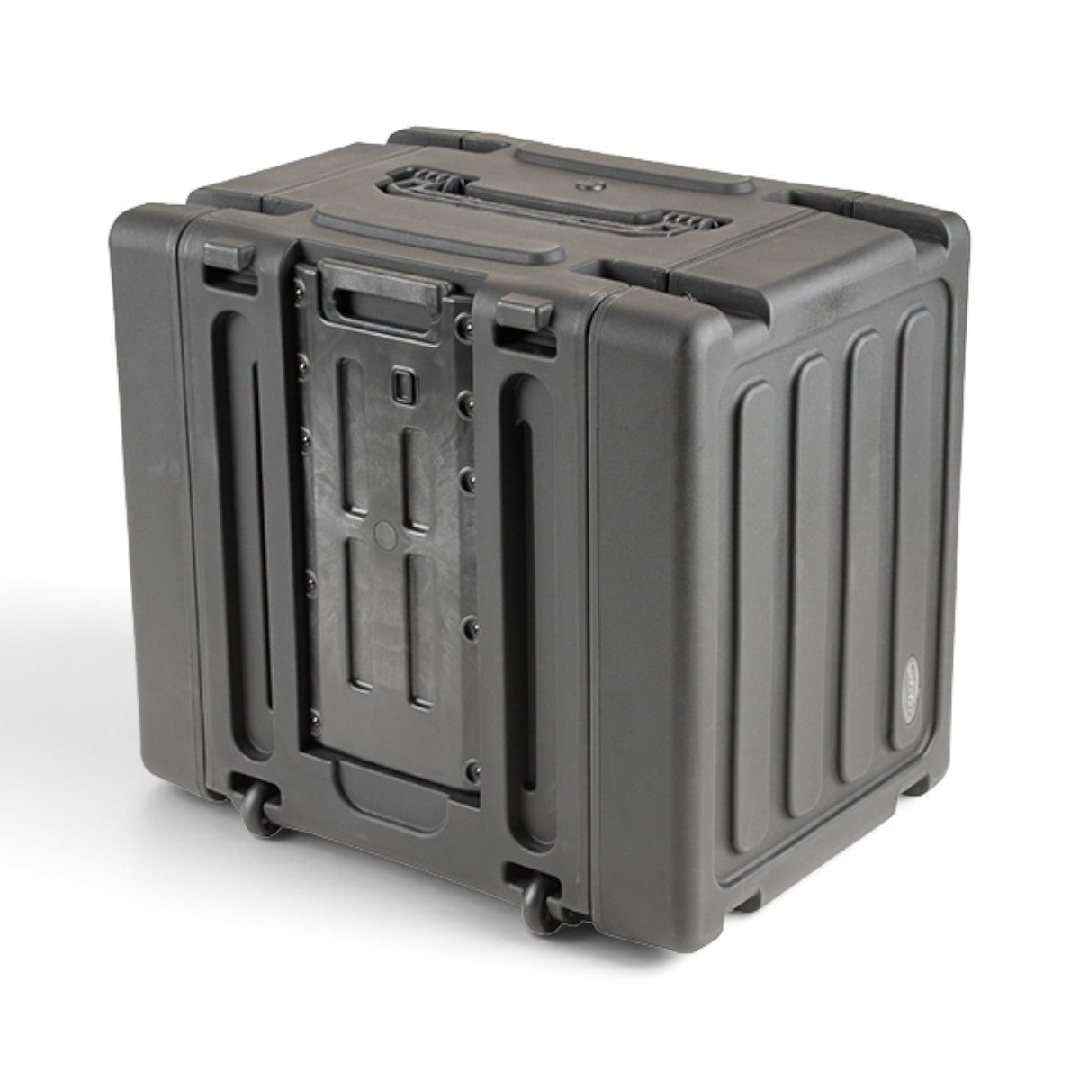 SKB Cases 8U 20-inch deep black rolling shock rack with stackable molded design and pull handle.