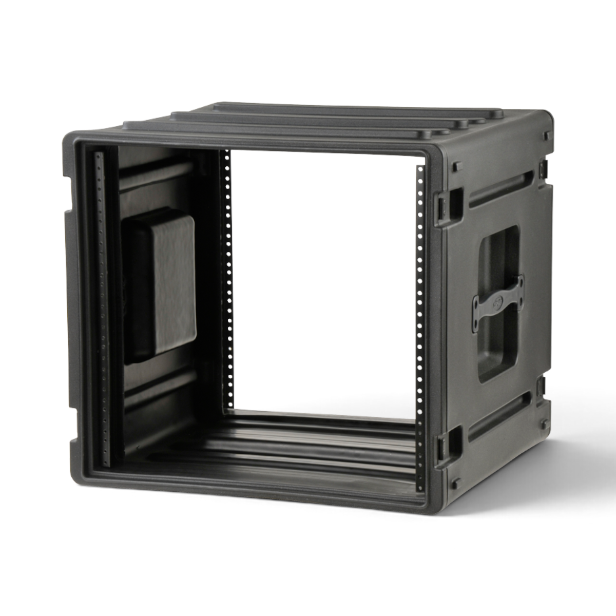 SKB Cases 8U rSeries rack made of durable black roto-molded polyethylene with front and rear steel threaded rails.
