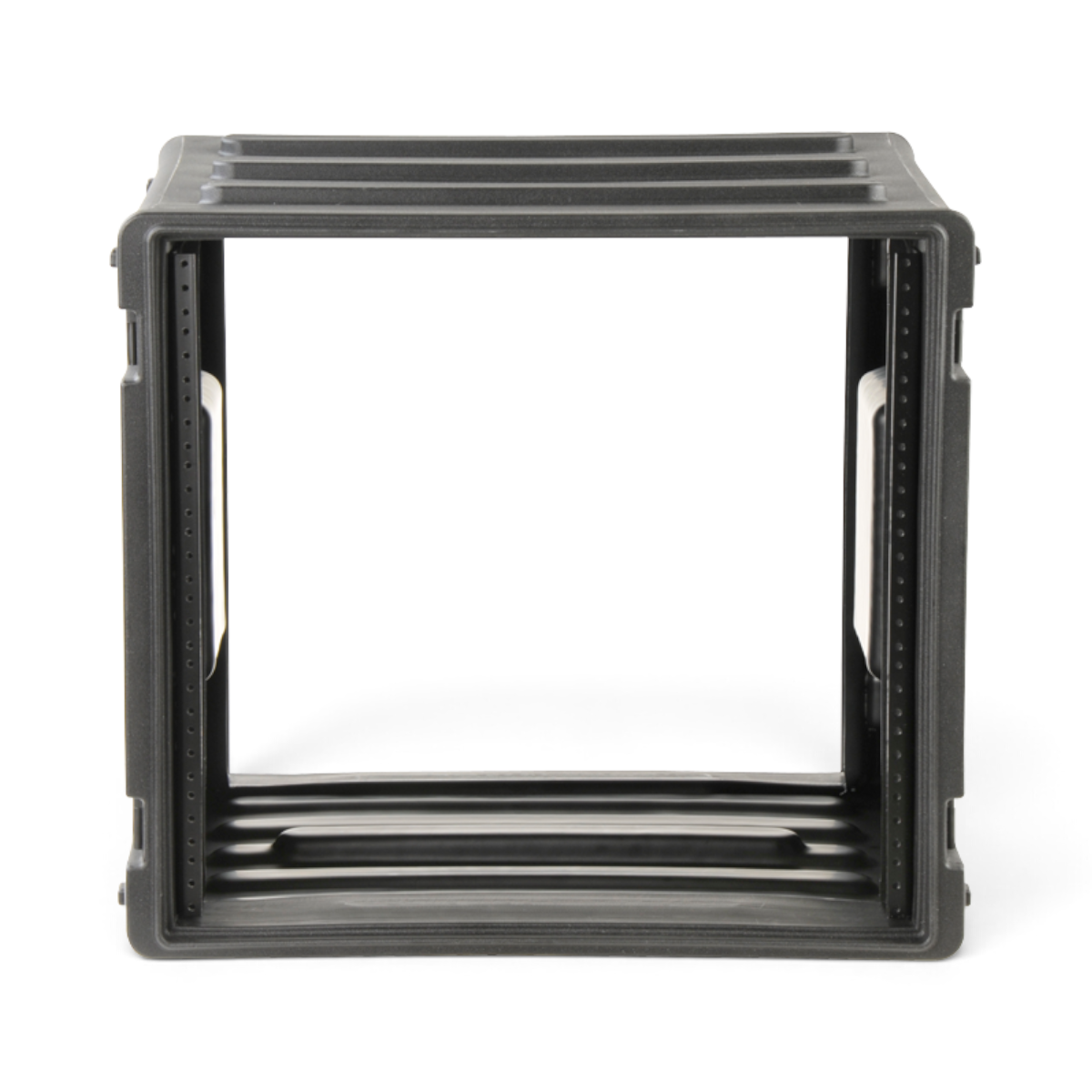 SKB Cases 8U rSeries rack made of durable black roto-molded polyethylene with front and rear steel threaded rails.