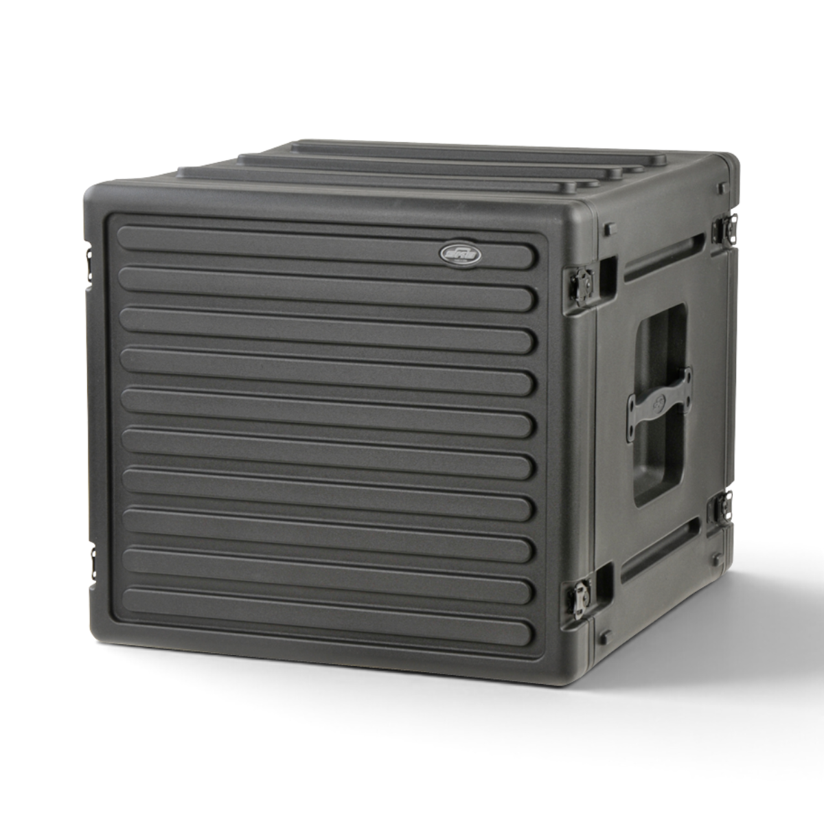 SKB Cases 8U rSeries rack made of durable black roto-molded polyethylene with recessed latches and stackable design.
