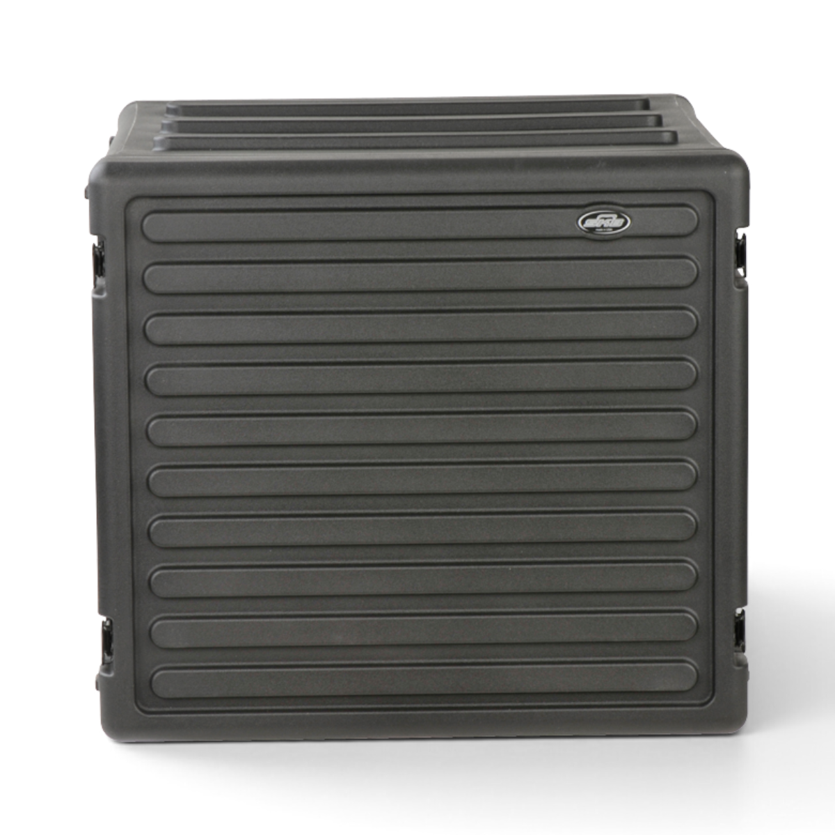 SKB Cases 8U rSeries rack made of durable black roto-molded polyethylene with a ribbed exterior design.
