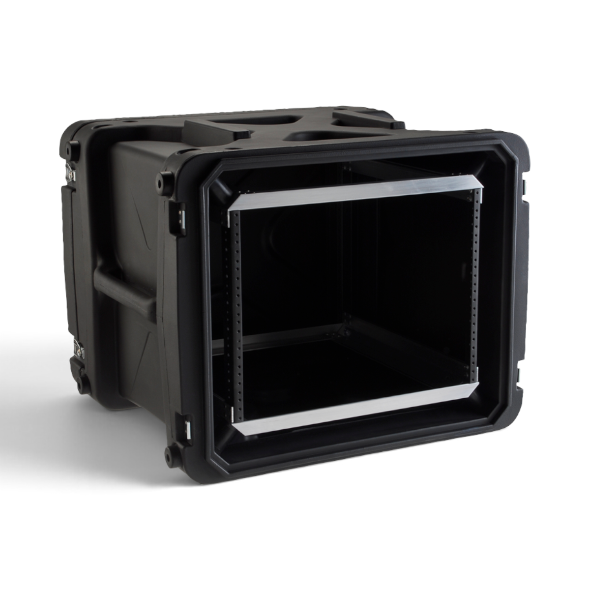 SKB Cases 8U 20-inch deep shock rack with a black roto-molded exterior and internal shock-absorbing frame.