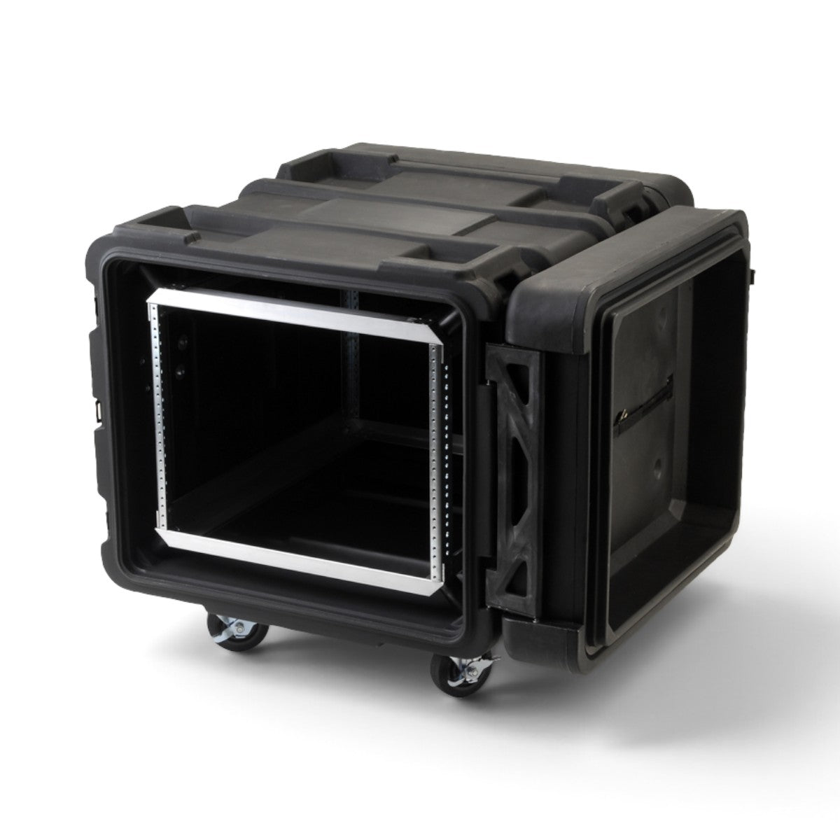 SKB Cases 8U 24-inch deep roto shock rack with black durable exterior, internal aluminum frame, and removable casters.