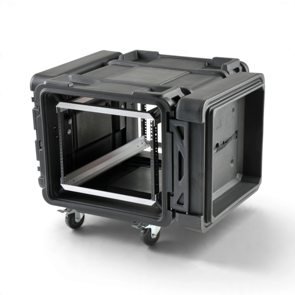 SKB Cases 8U 30-inch deep roto shock rack with internal aluminum frame, removable casters, and black protective shell.