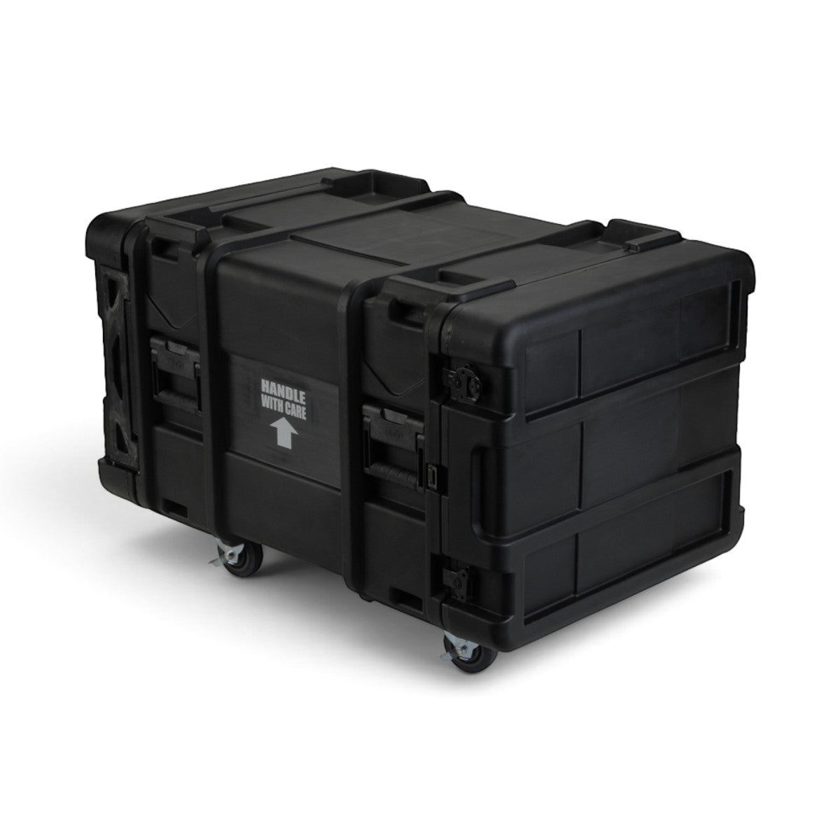 SKB Cases 8U 28-inch deep black roto shock rack with heavy-duty latches, integrated casters, and handle with care label