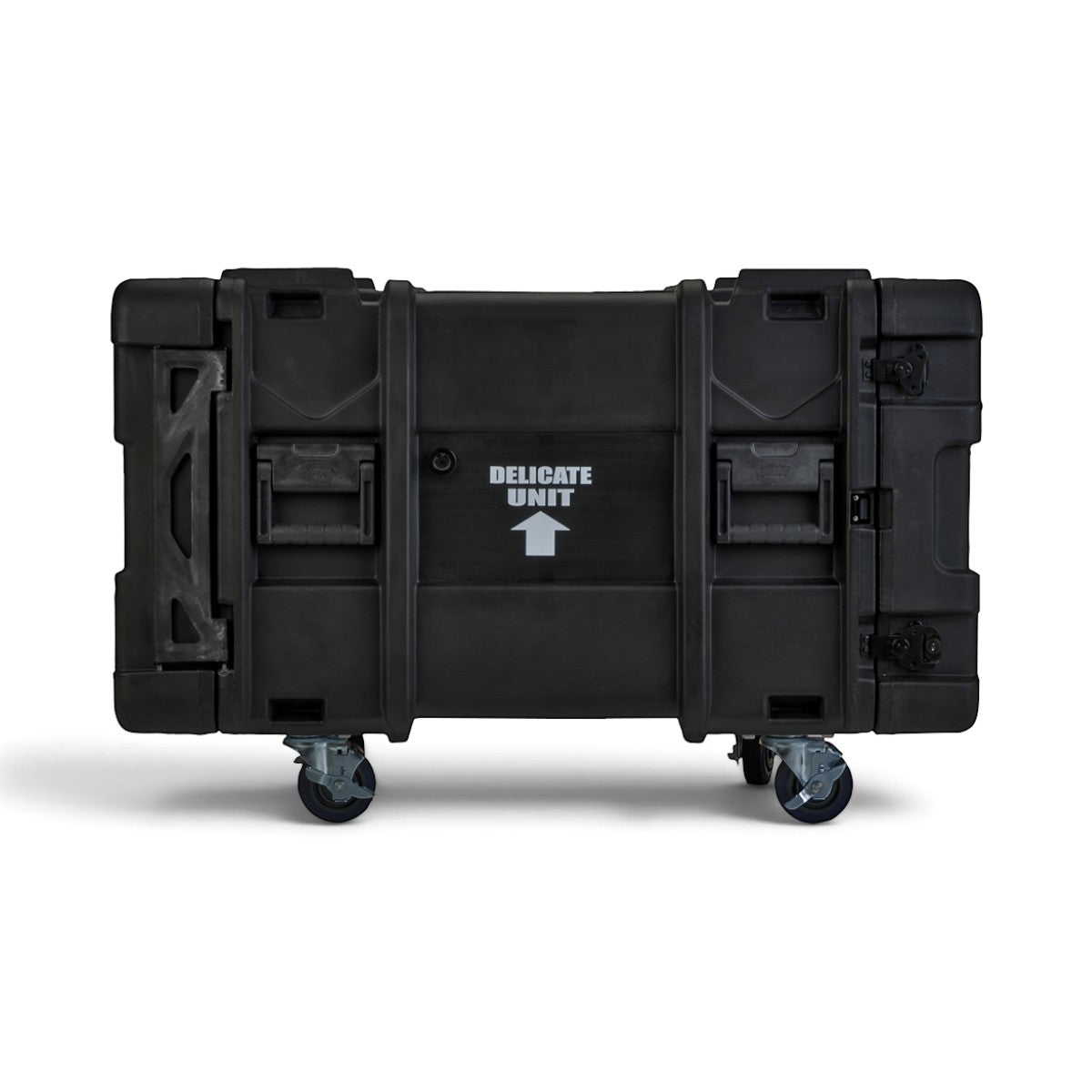 SKB Cases 8U 28-inch deep black roto shock rack with removable casters and delicate unit warning label