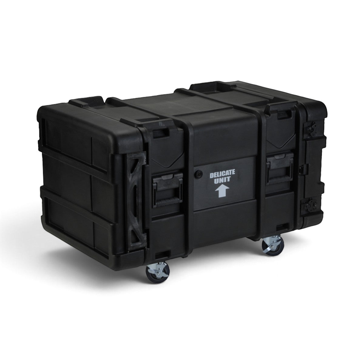 SKB Cases 8U 28-inch deep rSeries shock rack in black with heavy-duty latches, casters, and delicate unit label.