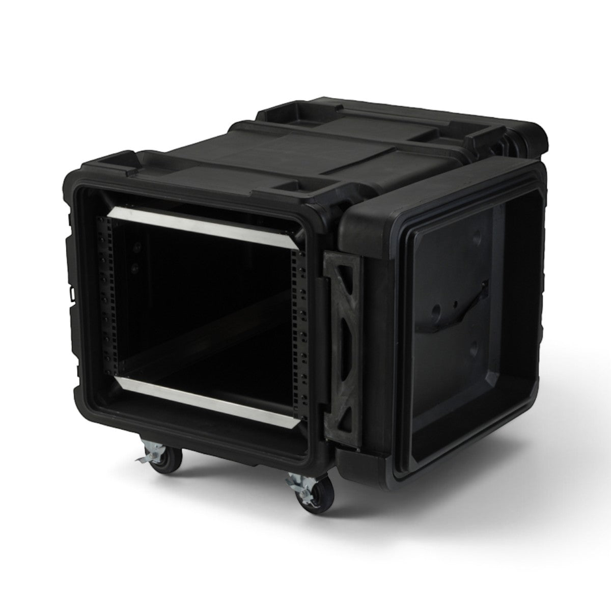 SKB Cases 8U 28-inch deep rSeries shock rack in black with removable casters and adjustable internal rail system