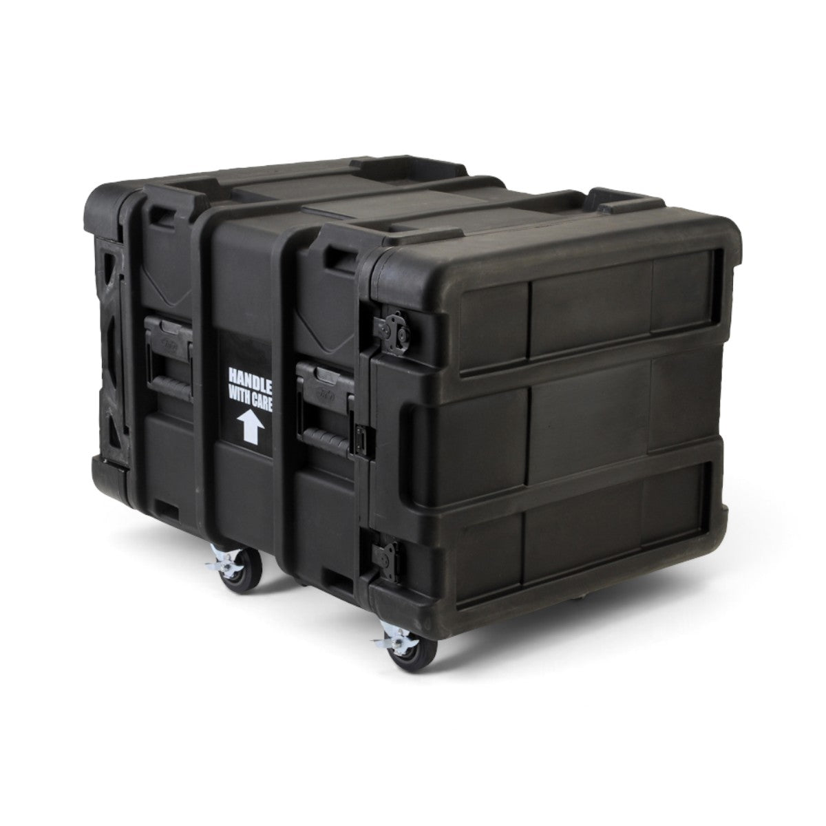 SKB Cases 8U 24-inch deep rSeries shock rack in black with heavy-duty latches, side handles, and removable casters.