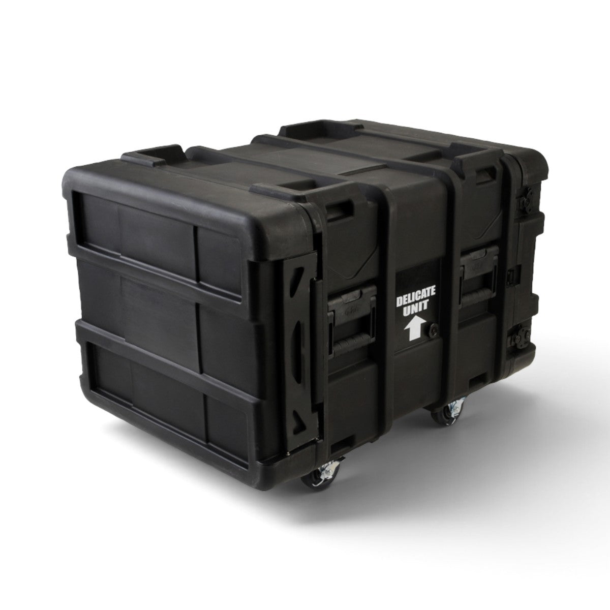 SKB Cases 8U 24-inch deep roto shock rack in black with heavy-duty latches and removable casters for equipment transport