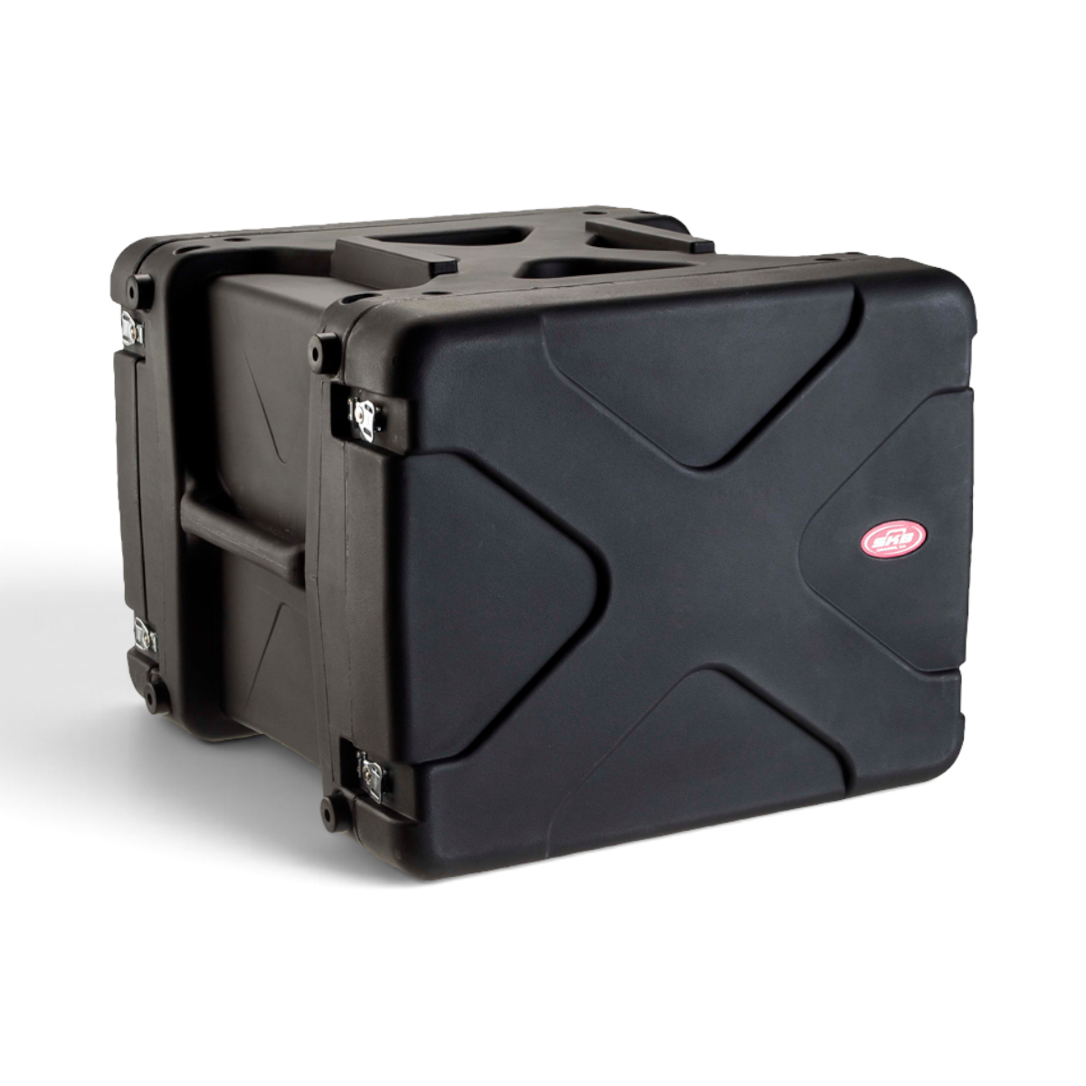 SKB Cases 8U 20-inch deep black roto shockmount rack case with corner shock absorbers for sensitive equipment.