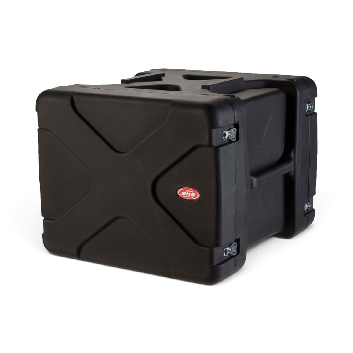 SKB Cases 8U 20-inch deep rSeries shock rack in black with reinforced roto-molded exterior and metal latches.