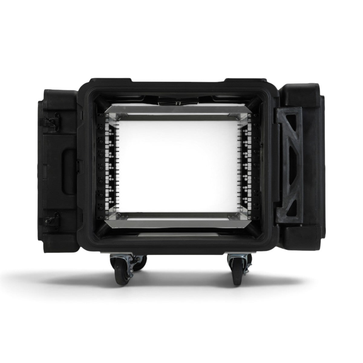 SKB Cases 8U 28-inch deep rSeries shock rack with internal aluminum frame, shock isolators, and removable casters.