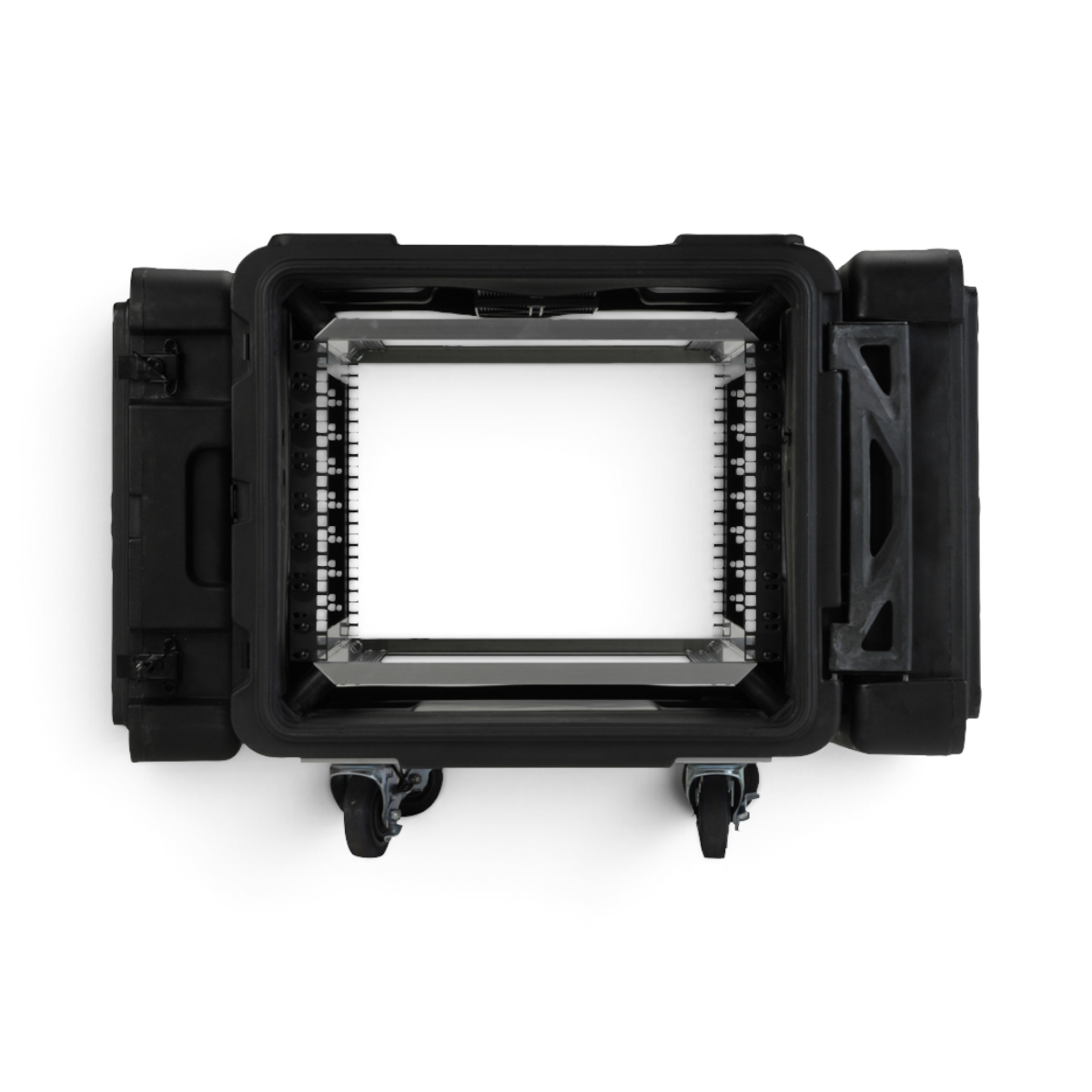 SKB Cases 8U 28-inch deep rSeries shock rack with internal aluminum frame, shock isolators, and removable casters.